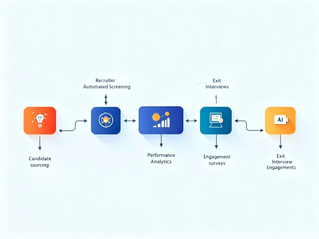 Organigramme illustrant l'intégration de l'IA dans les processus RH, du recrutement à l'engagement des employés, avec des icônes représentant chaque étape, dans un design épuré et moderne.