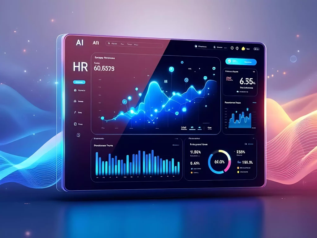 Un tableau de bord RH futuriste doté d'analyses basées sur l'IA, affichant les indicateurs de performance des employés, les tendances en matière de recrutement et les scores d'engagement, au design élégant et professionnel.